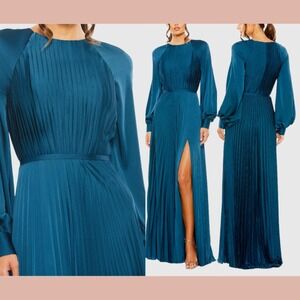 NWT IEENA Mac Duggal [ 14 ] 26590 Pleated Long‎ Sleeve Side Slit Gown Teal